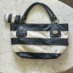 Navy and white striped purse.